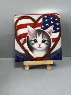 ハンドメイド フラットポーチ 両面パネル 国旗 猫 ②