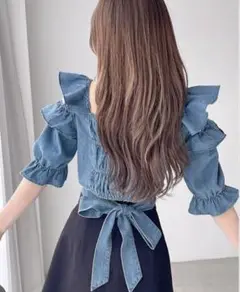 GRLバックリボンフリルクロップド丈デニムトップス