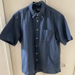 無印良品　洗いざらしオックススタンドカラー　半袖シャツ　ネイビー