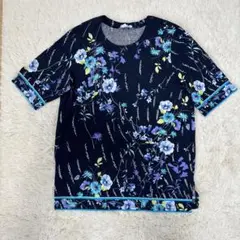 ★Reknit★チュニック・綿100％・紺系・ブルー花柄・フリーサイズ