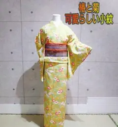 1239.可愛い 椿 菊 葉模様 小紋 袷 お袖長め 正絹 着物