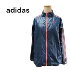 美品 adidas ウィンドブレーカー ネイビー×ピンク 3ライン 裏微起毛 L