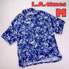 【L.A.times】半袖ボタンシャツ　アロハ　花柄総柄　ブルー　メンズM