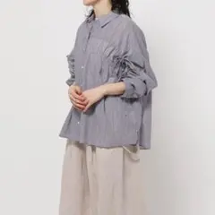 ニコアンド プレミアムローンギャザーシャツ ネイビーストライプ