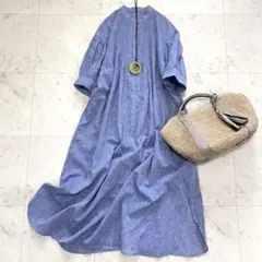 極美品✨23区　リネンコットン シャツワンピース　５分袖　2023SS ブルー