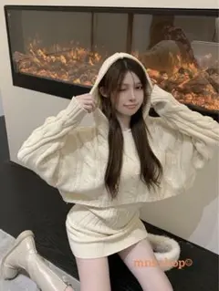 ニット 上下 セットアップ フード付 ホワイト