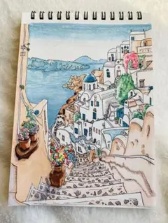 サントリーニ島　原画　水彩画