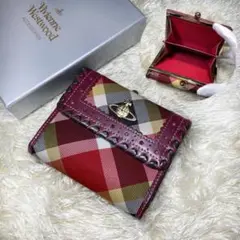 極美品✨ヴィヴィアンウエストウッド 折り財布 オーブ がま口 チェック 金具 赤