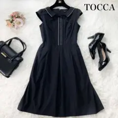 美品⭐️トッカ 膝丈ブラックドレス ワンピース フレンチスリーブ 無地 襟付0
