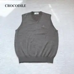 クロコダイル　ニットベスト(M)Ｖネック　刺繍ロゴ　ウール混　ゴルフ　カジュアル