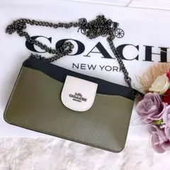 美品☆COACHコーチ チェーンショルダーバッグ ウォレット グリーン 財布