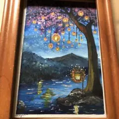 ランタンと木　水彩画　絵手紙　原画　ハガキサイズ