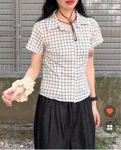 nugu スリムフィットチェック半袖シャツ スカイブルー
