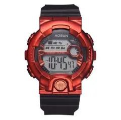 k30 AOSUN 腕時計 デジタル 多機能 LED ブラック×メタルレッド