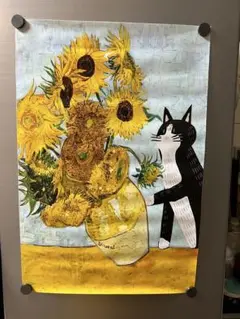 プリント絵ポスター ゴッホの名画ひまわりに乱入したタキシード猫(ハチワレ)