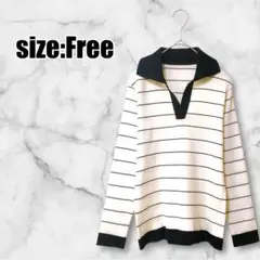 【美品】スキッパーシャツ ポロシャツ ボーダー 襟付き 長袖 オフホワイト
