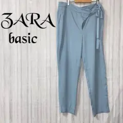【ザラベイシック】 ストレート パンツ テーパード 薄手 青系 リボン