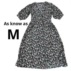 【美品】As know as 花柄ワンピース ロング丈 半袖 ブラック×小花柄