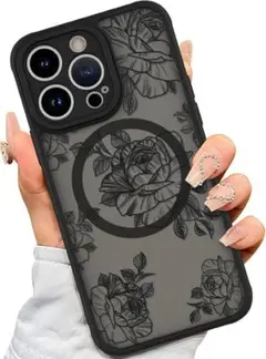 iPhone15 Pro ケース ブラック 花柄 デザイン ソフト TPU