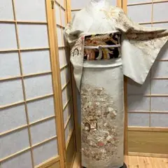 ［5449］訪問着 美品 御所車花文 金彩 一つ紋 抱き茗荷 正絹 着物 袷