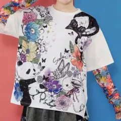 美品✨スカラー Tシャツ　猫　花柄　蝶　アニマル　ホワイト　M