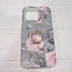 iPhone 15 Pro 用 ケース リング付き グレー　ぼたん
