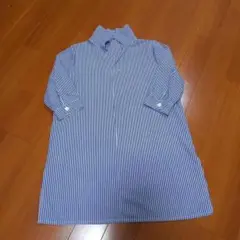 レディース　七分袖　シャツチュニック　M～Lサイズ(フリー)　白×青ストライプ