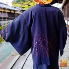 【伝統美】和装 羽織 紫紺×赤ライン柄 メンズ 中古美品 着物 kimono