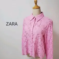 S241ザラカットワークレースシャツピンクコットンショート丈花柄フラワーカットL