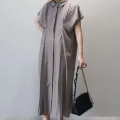 グレージュ フレンチスリーブ シャツワンピース
