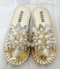 【新品】ビジューパールサンダル メタリックゴールド 24cm