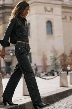 ストレート ハイライズ ビーズデニムパンツ