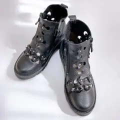 美品 ユリコマツモト サマーブーツ 花 黒 両側ファスナー