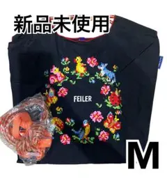 花の刺繍 アヒル　エコバッグ Mサイズ　黒