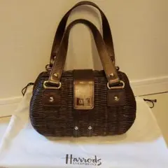 状態良好　Harrods　ハロッズ　ラタン　レザー　かごバッグ　ハンドバッグ Harrods ハロッズ かごバッグ ハンドバッグ ブラック レディース