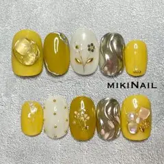 イエロー押し花ネイル つけ爪 ネイルチップ ネイルシール 振袖