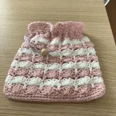 かぎ針編み 巾着袋 ピンクとホワイト　コットン糸