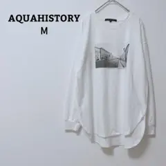 アクアヒストリー　カットソー　ロンT　プリント　サイド丸スリット　薄手　綿混　М