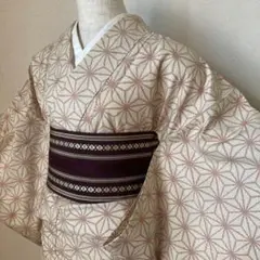 正絹 紬 単 麻の葉 ベージュ系
