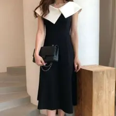 【美品】リリアーナ　 アシンメトリー ビッグカラー ロング丈 ワンピース