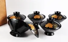 漆器】輪島塗 皿 5枚組 金蒔絵 天然木 漆塗 黒 野薔薇 葵