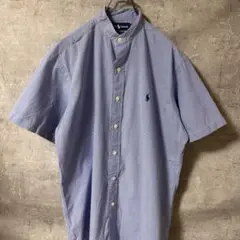 ラルフローレン ストライプ（細い）半袖シャツ　ノーカラーシャツ　青　白