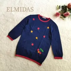 【エルミダ】レディース フルーツ刺繍 五分袖 ニット ネイビー フリーサイズ