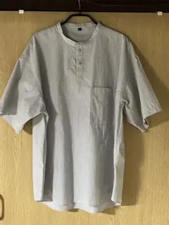 無印良品　涼感ヘンリーネック半袖布帛Ｔシャツ　メンズL グレーストライプ