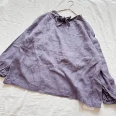 フォグリネンワーク 新品　リネンブラウス　長袖　パープル　麻　リボン　タイ