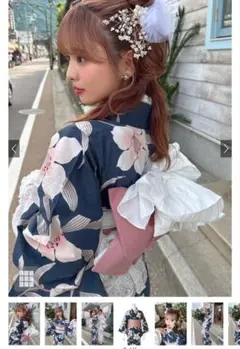 グレイル新品未開封ネイビー花柄浴衣・リボン帯セット