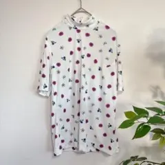 HANAE MORI 花柄 半袖シャツ ハイネックブラウス　M 総柄　白　上品