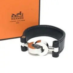 HERMES エルメス ランスロット バングル レザー ブラック 黒 シルバー
