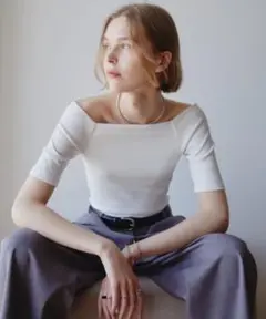 Aunt Marie's カップ付きオフショルリブハーフスリーブトップス　白