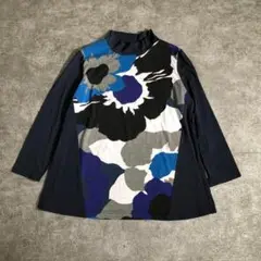 【ヴィンテージ】大きな花柄スタンドカラーカットソー　ネイビー　古着　ZBS2